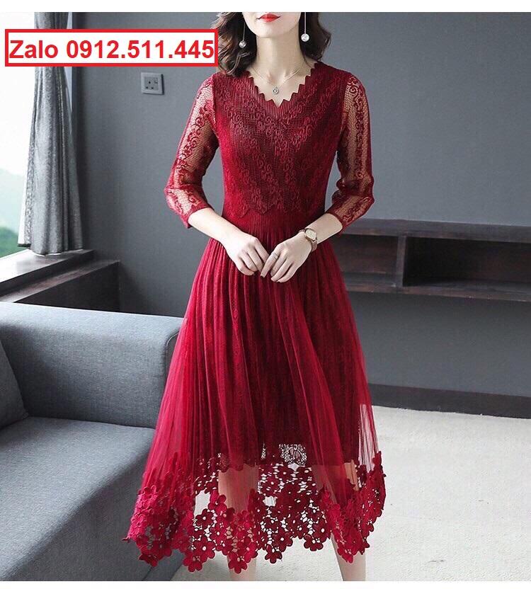 ĐẦM TRUNG NIÊN DỰ TIỆC SANG TRỌNG, ĐẦM REN DẬP LY TAY LỠ PHỐI REN CAO CẤP