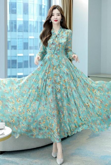 Đầm maxi trung niên cao cấp 2022 dáng dài tay dài mẫu mới nhất