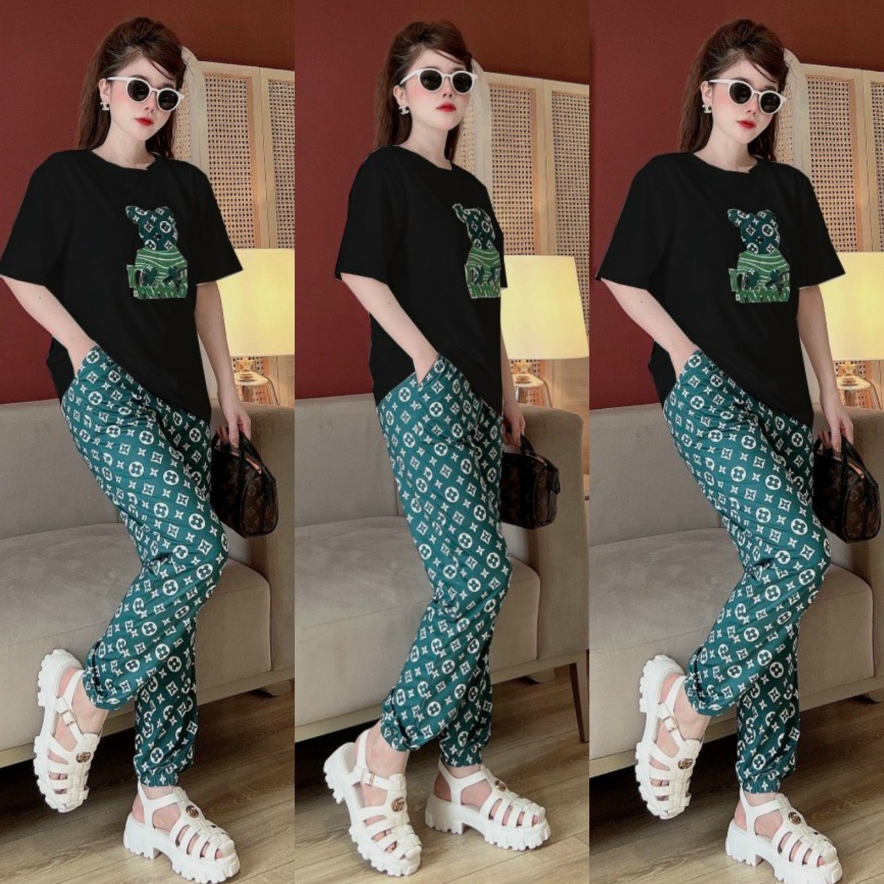 SET BỘ THỜI TRANG FOM RỘNG PHỐI  HỌA TIẾT LV GẤU THÊU SANG CHẢNH-BTN018