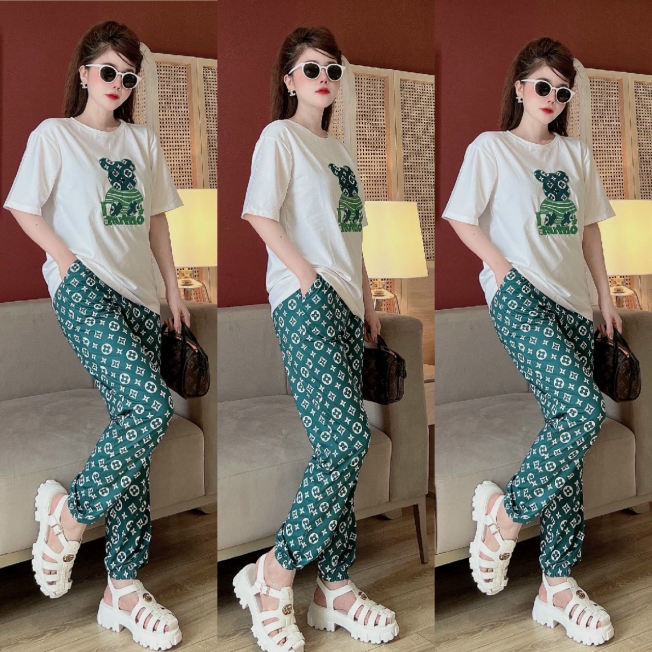 SET BỘ THỜI TRANG FOM RỘNG PHỐI  HỌA TIẾT LV GẤU THÊU SANG CHẢNH-BTN018