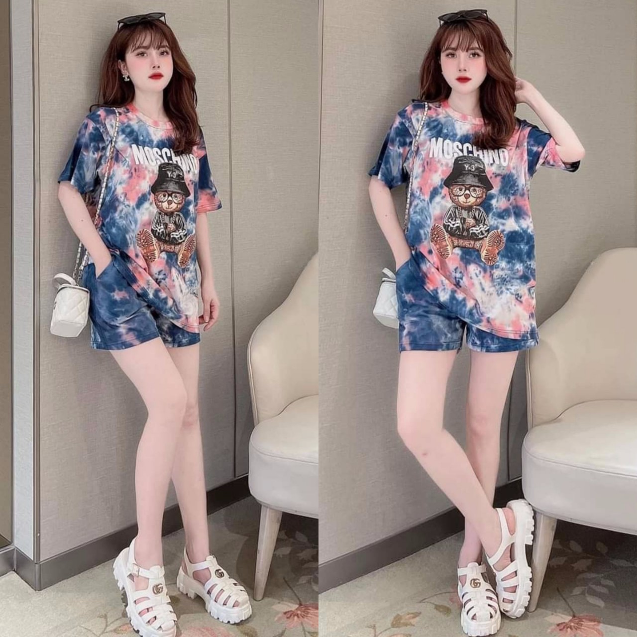 SET BỘ THỜI TRANG FOM RỘNG   PHỐI  HỌA TIẾT GẤU MOSCHINO KIỂU DÁNG TRẺ TRUNG SÀNH ĐIỆU NỖI BẬT-BTN457