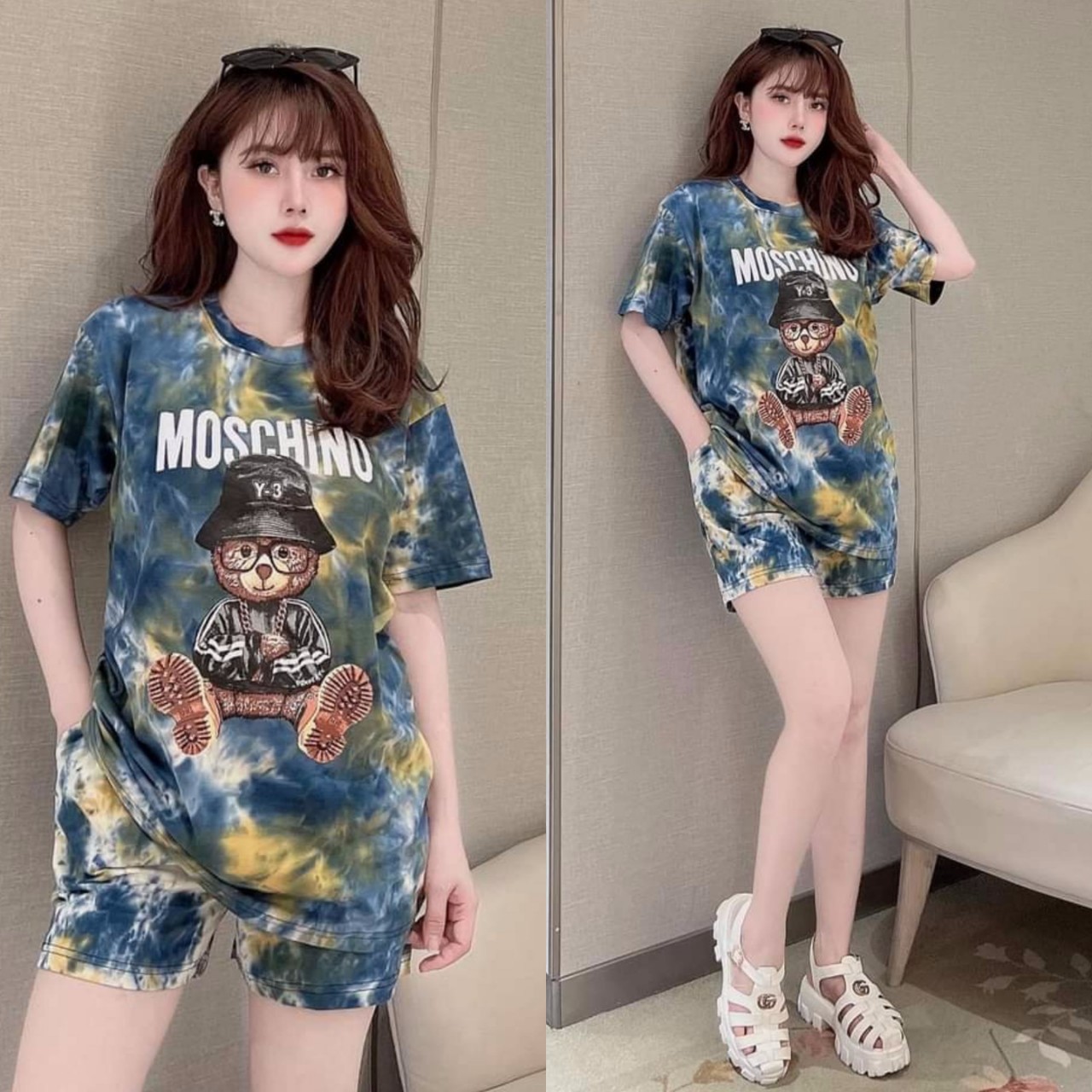SET BỘ THỜI TRANG FOM RỘNG   PHỐI  HỌA TIẾT GẤU MOSCHINO KIỂU DÁNG TRẺ TRUNG SÀNH ĐIỆU NỖI BẬT-BTN457
