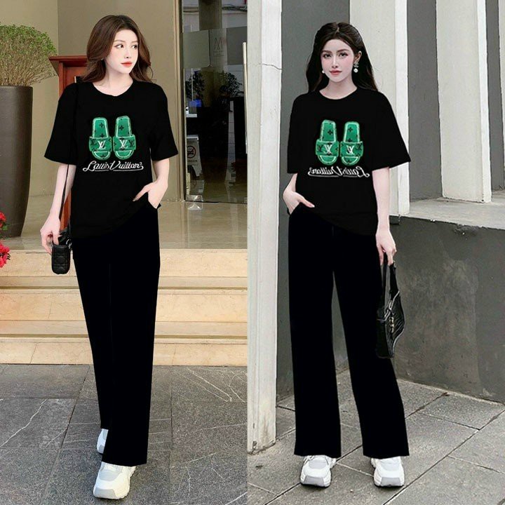 BỘ DÀI COTTON ỐNG RỘNG THUÊ LOGO ĐÔI DÉP CAO CẤP