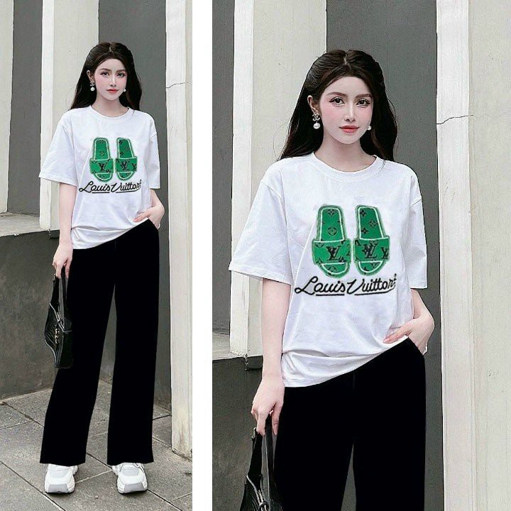 BỘ DÀI COTTON ỐNG RỘNG THUÊ LOGO ĐÔI DÉP CAO CẤP