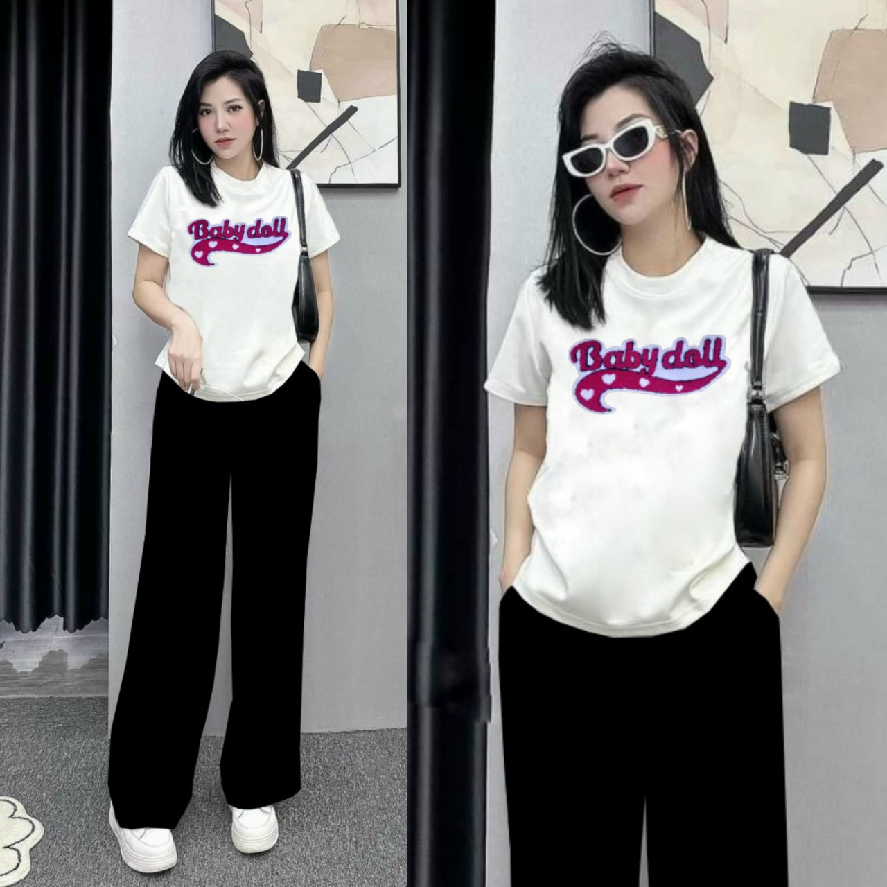 BỘ DÀI FROM RỘNG ỐNG SUÔNG LOGO BABY DOLL THÊU SIÊU ĐẸP SIÊU SANG