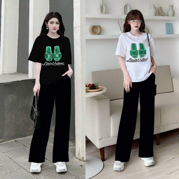 BỘ DÀI COTTON ỐNG RỘNG THUÊ LOGO ĐÔI DÉP CAO CẤP